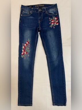 Vigoss Dark Blue Skinny Jeans with Pink Floral Embroidery